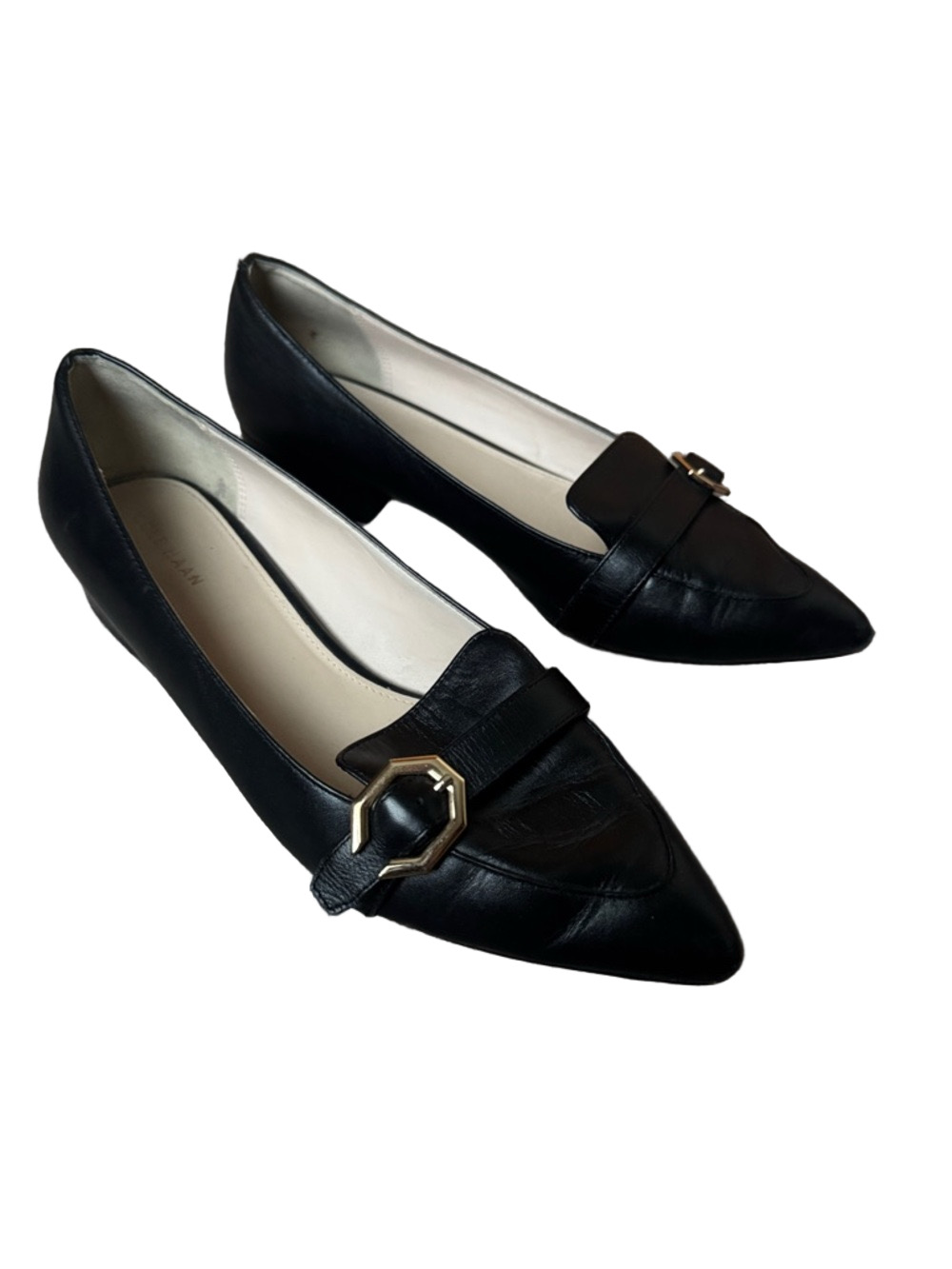 Cole Haan Black Leather Pointed Toe Loafer Pumps Gold Horsebit Heels SIZE 7.5